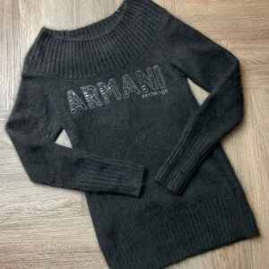 Vintage Armani Exchange Sweater Womens‎ Small Black Angora Blend Knit Y2K Logo